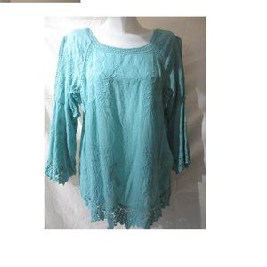 Tunic Top Blouse Size L LARGE Gauzy Cotton Crochet Hem Embroidered